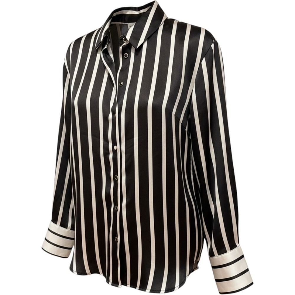 Bailey 44 Button Down Shirt‎ Womens Small Black White Striped Satin Long Sleeve